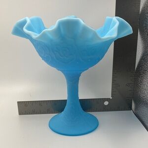 Fenton Blue Satin Ruffled Glass Compote